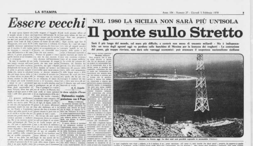 Figura 1. L’articolo de La Stampa del 5  febbraio 1970 racconta come il ponte sullo Stretto sarà «il più lungo del mondo» - Fonte: Archivio online La Stampa
