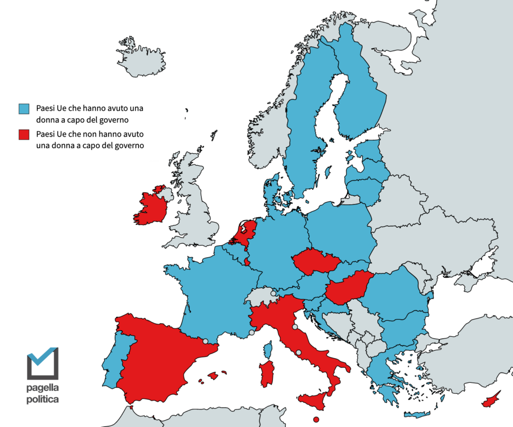Cartina raffigurante in azzurro i Paesi dell'Unione Europea che hanno avuto donne a capo del governo e in rosso quelli che non ne hanno avute. I dati sono aggiornati al 2021. 