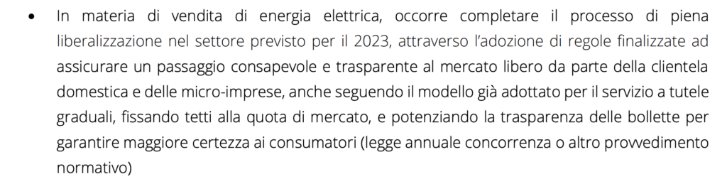 Immagine 1. Il passaggio del Pnrr in cui si parla della fine del mercato tutelato – Fonte: Piano nazionale di ripresa e resilienza 