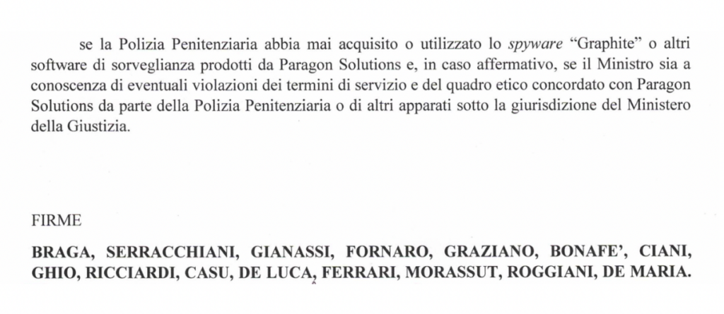 La parte conclusiva dell’interrogazione originaria del PD con la richiesta di chiarimenti su Paragon