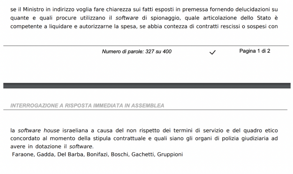 La parte conclusiva dell’interrogazione originaria di Italia Viva con la richiesta di chiarimenti su Paragon 