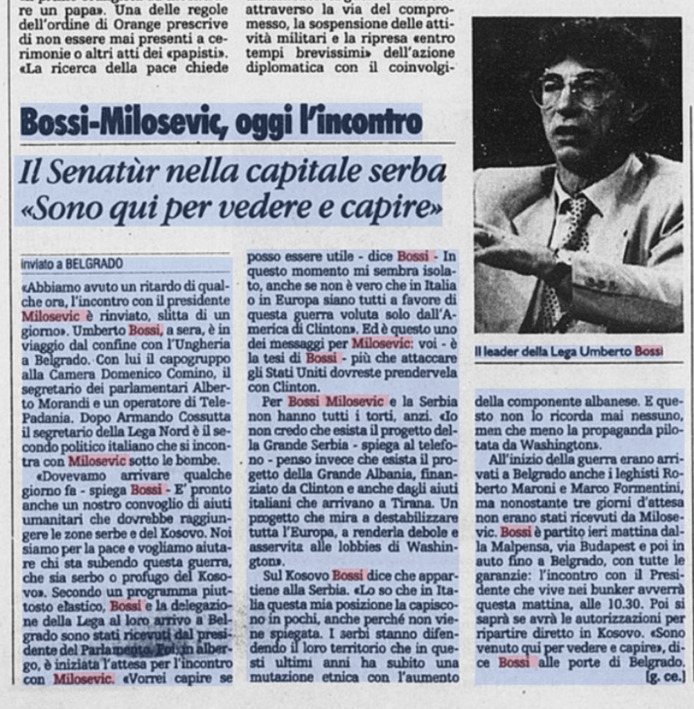 L’incontro Bossi e Milošević in un articolo de La Stampa del 23 aprile 1999 – Fonte: Archivio storico della Stampa